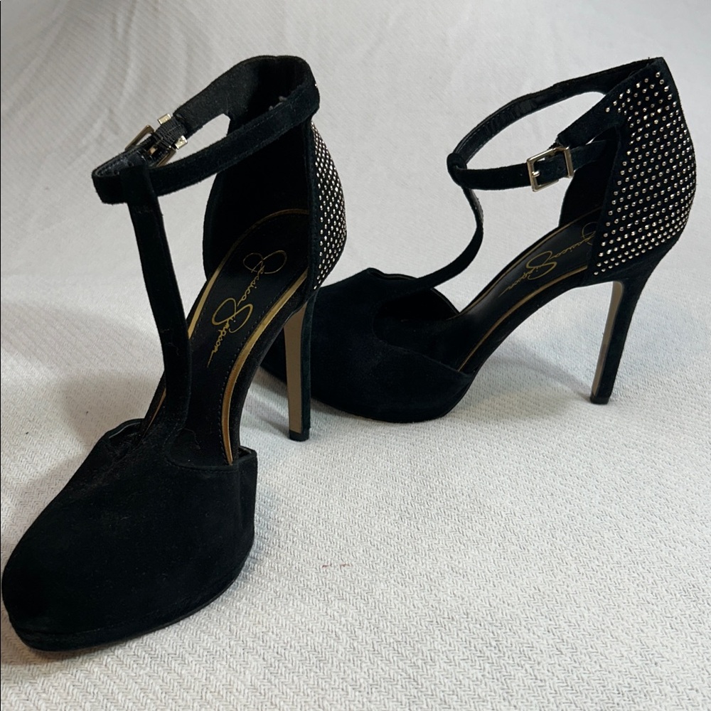 Black T-Strap Heels with Studded Detail